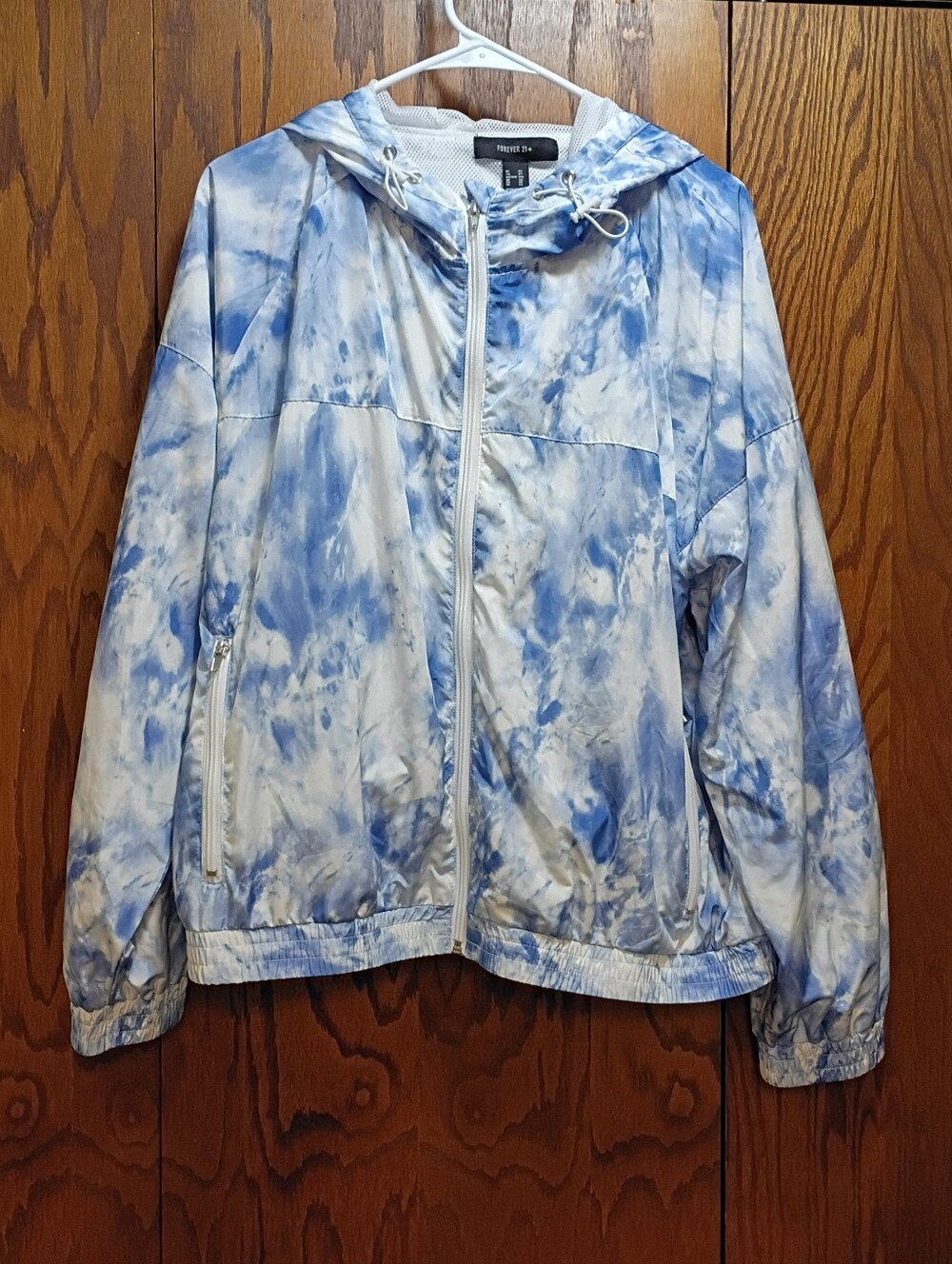 Forever 21 Blue and White Tie-Dye Hooded Bomber Jacket